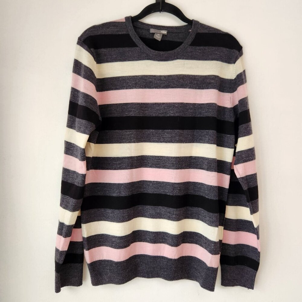 H&M 100% Merino Wool Crewneck Pullover Sweater Pink Grey Striped Men's M